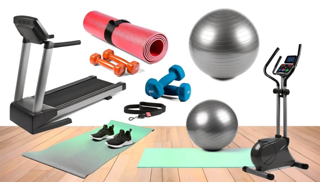 A treadmill, yoga mat, sneakers, red mat, dumbbells, jump rope, exercise balls, and elliptical on a wooden floor.