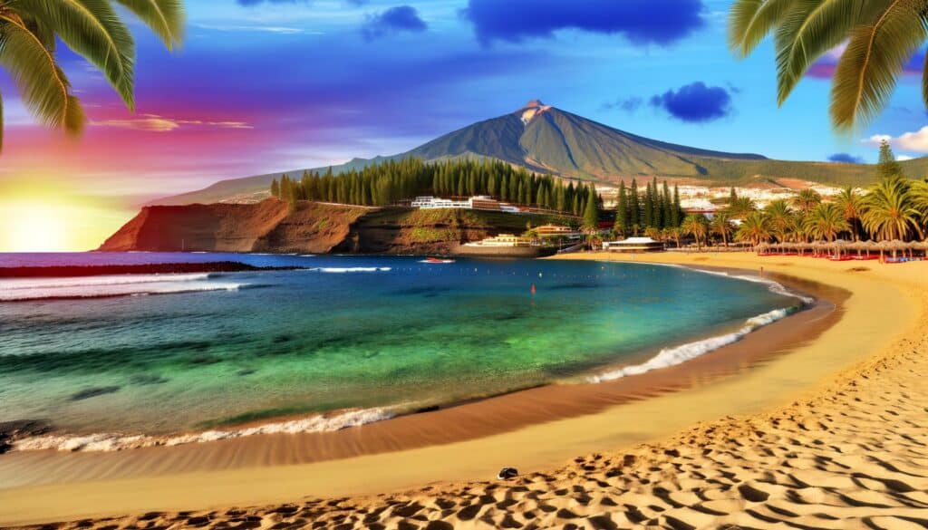 Tropical beach with golden sand, turquoise water, lush palm trees, and a mountain under a colorful sunset sky.