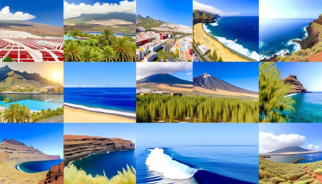 A collage of vibrant landscapes featuring beaches, mountains, forests, and coastal views with blue skies and clear waters.