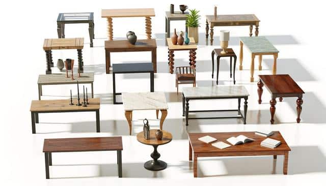 A variety of decorative tables with different styles, shapes, and materials are displayed in a bright setting.