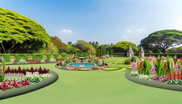 Vibrant formal garden with colorful flower beds, a central fountain, and large trees in the background.