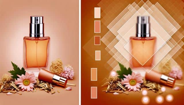 A perfume bottle with flowers and decorative items on a warm, geometric background.