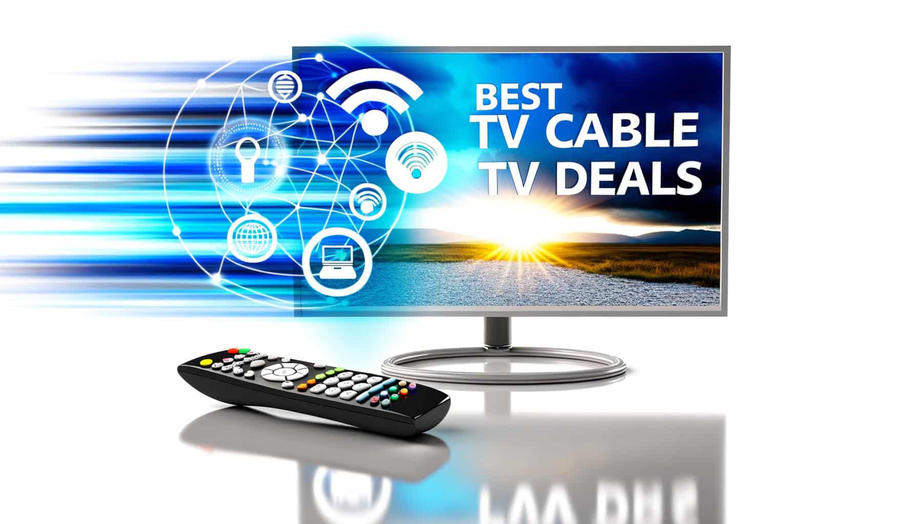 TV with "Best TV Cable TV Deals" text, colorful icons, and a remote control.