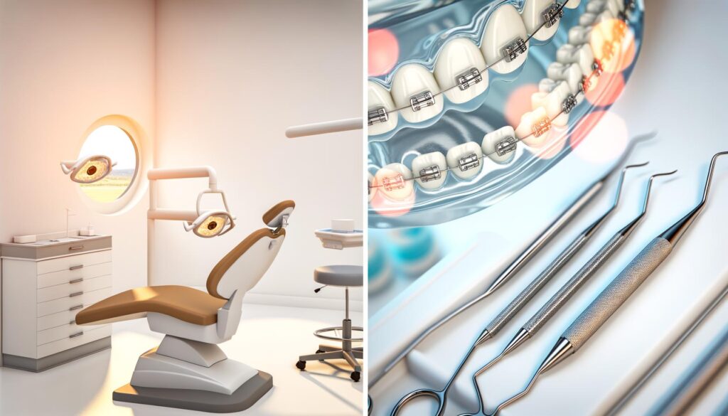 Split image: left shows a dental office with a chair and equipment, right shows braces on teeth and dental tools.