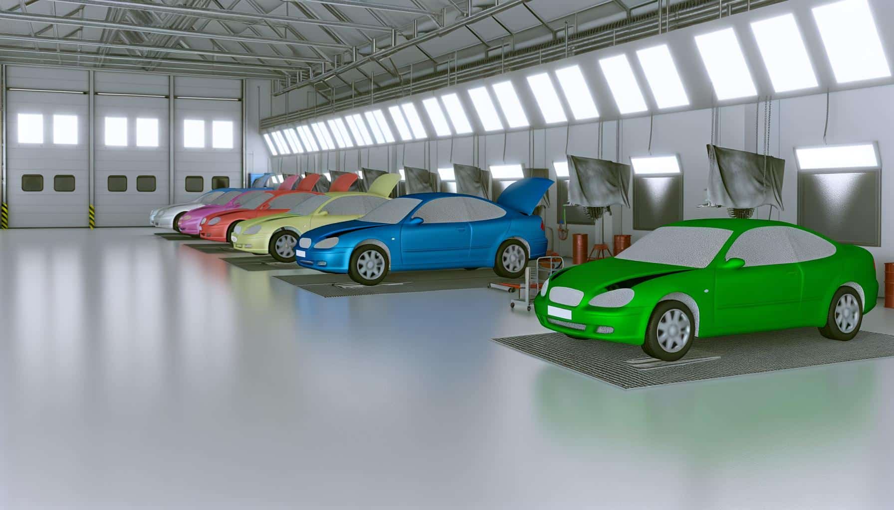 A brightly lit car workshop with cars in different colors lined up with open hoods.