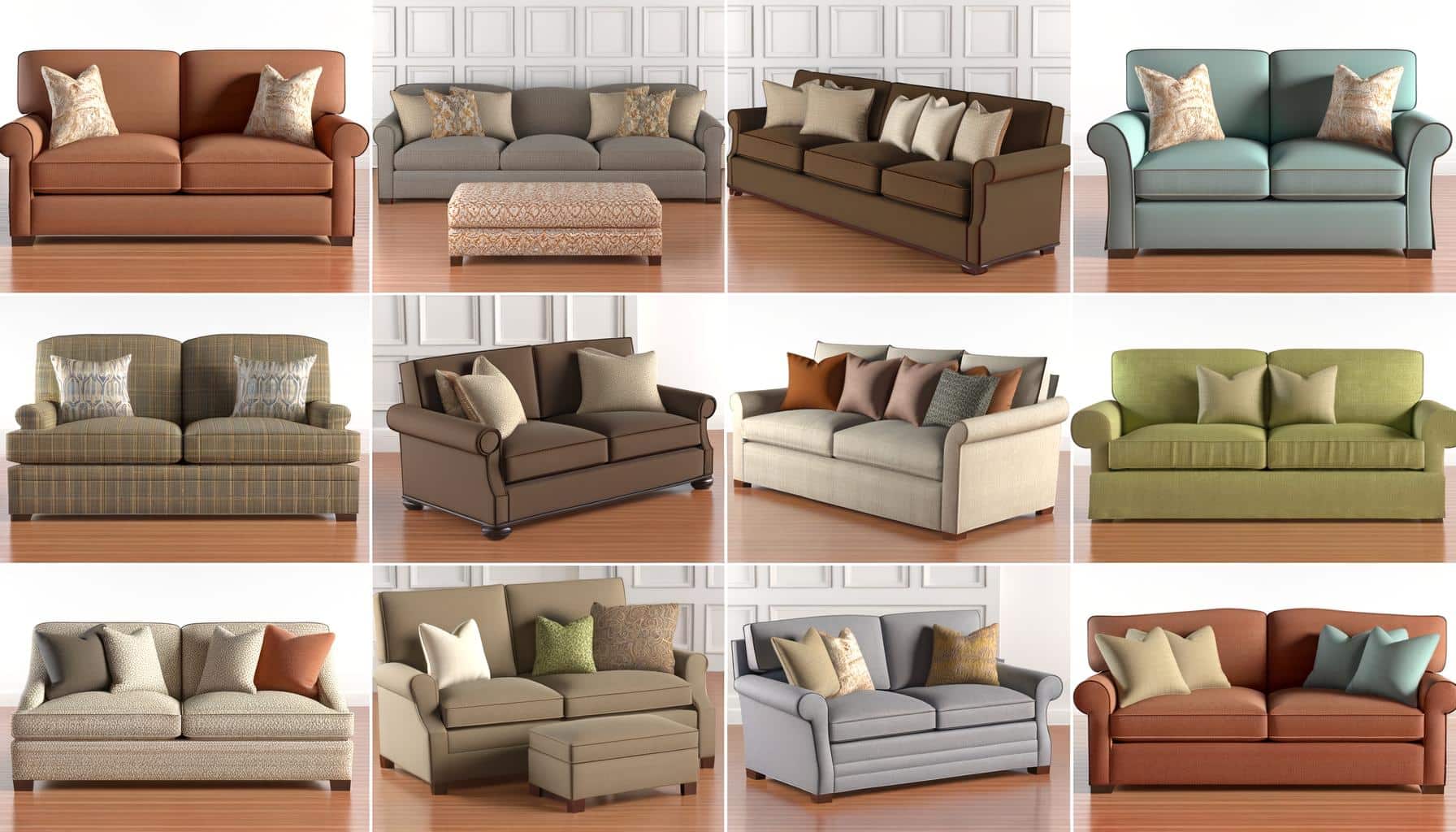 A grid of twelve different sofas in various colors and styles, each with matching or contrasting cushions.