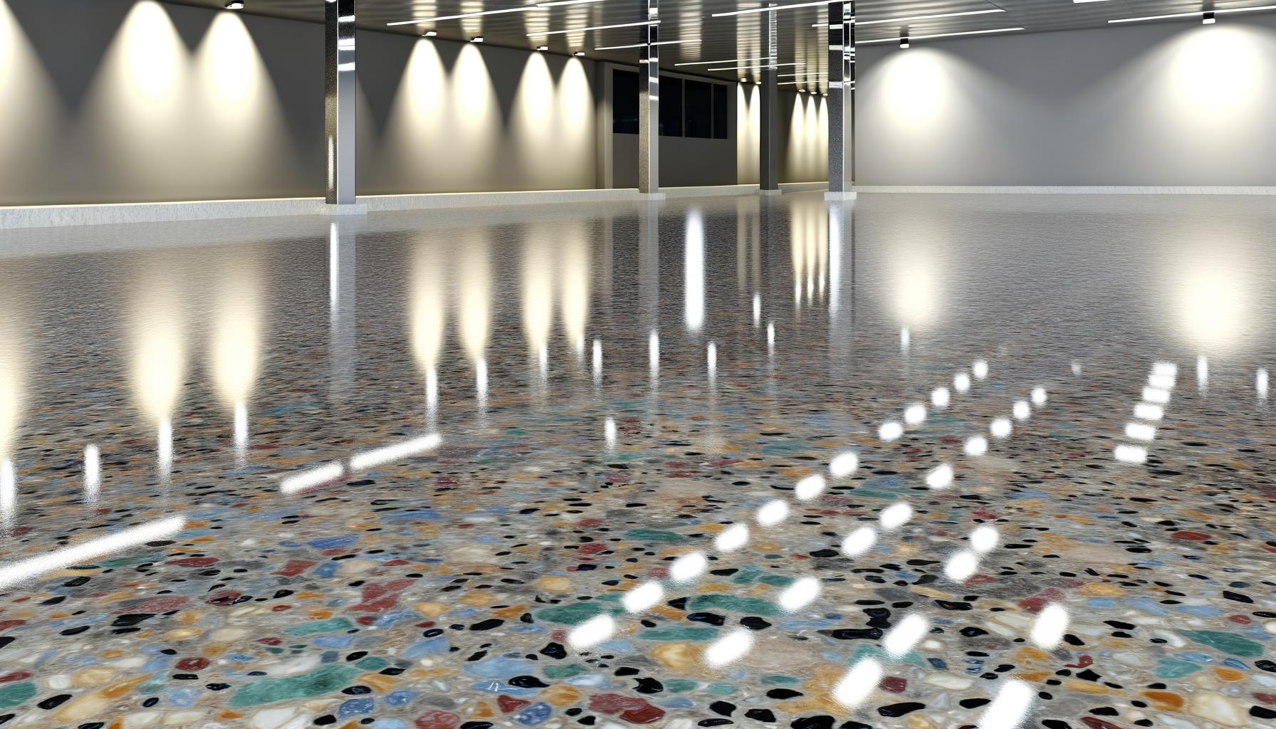 Polished terrazzo floor reflecting ceiling lights in a spacious room with pillars.