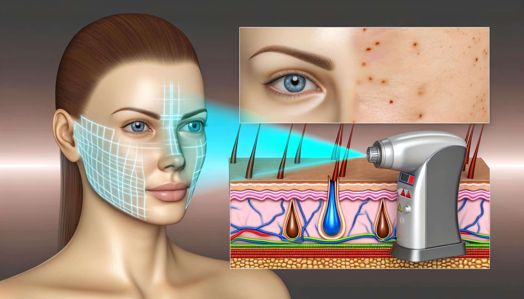 Illustration of a woman's face with a facial grid, acne, and a skincare device targeting skin layers.