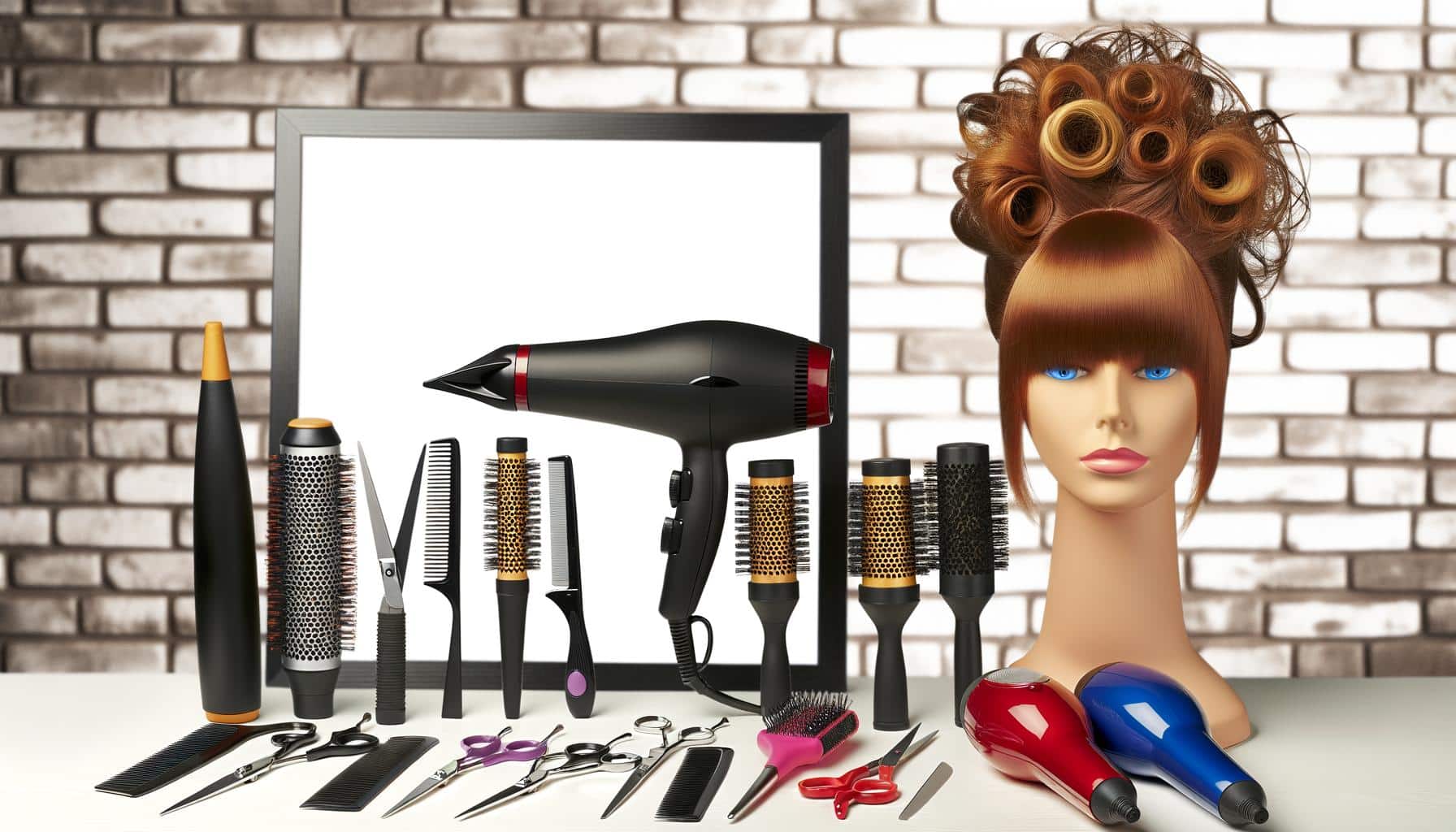 Hairdressing tools and mannequin head with styled hair in front of a mirror.