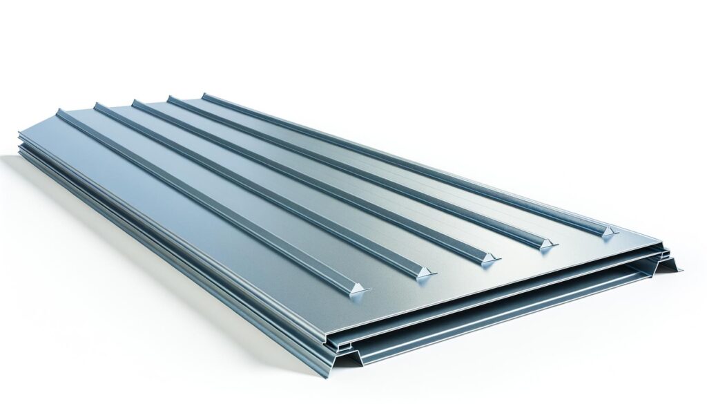 Stack of ribbed metal roofing sheets.