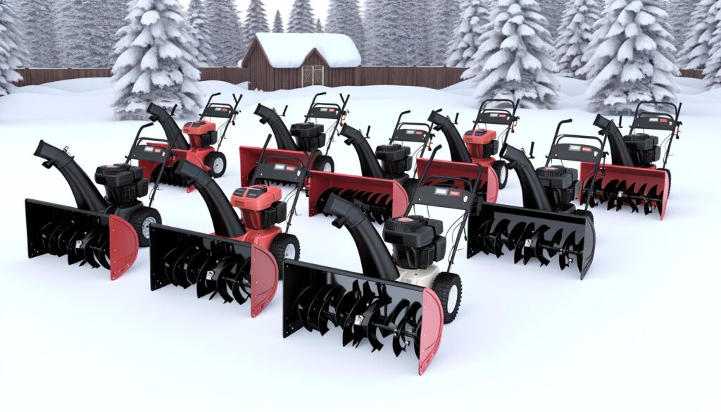 A group of red and black snow blowers on a snowy landscape with snow-covered trees and a wooden shed in the background.