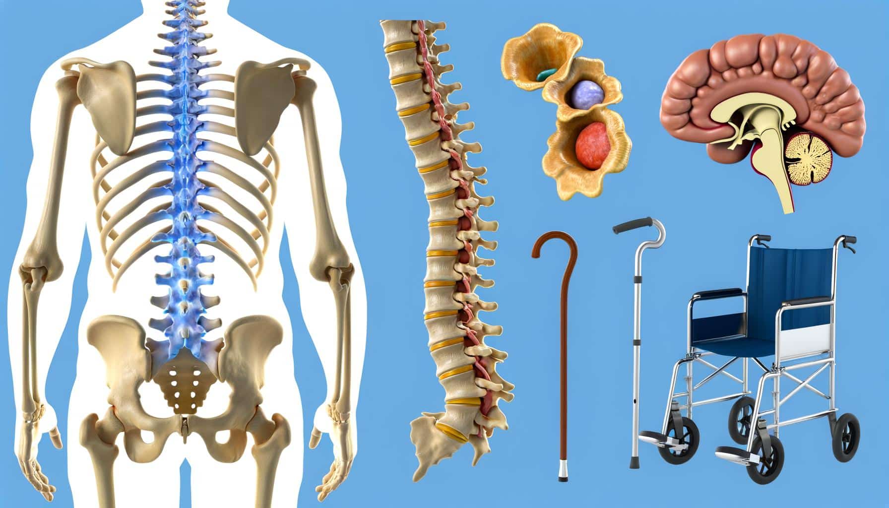 A medical collage showing a skeleton, spine, brain, and wheelchair with two canes.