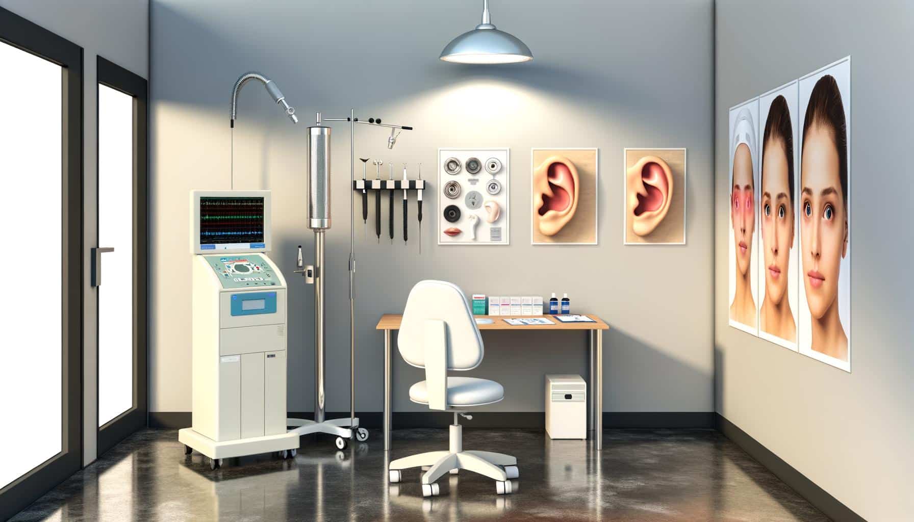 Medical office with diagnostic equipment, desk, chair, and anatomical posters on the walls.