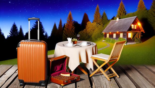 A cozy cabin glows among trees at night, with a table set for two outdoors, a chair, a red suitcase, and a travel bag.