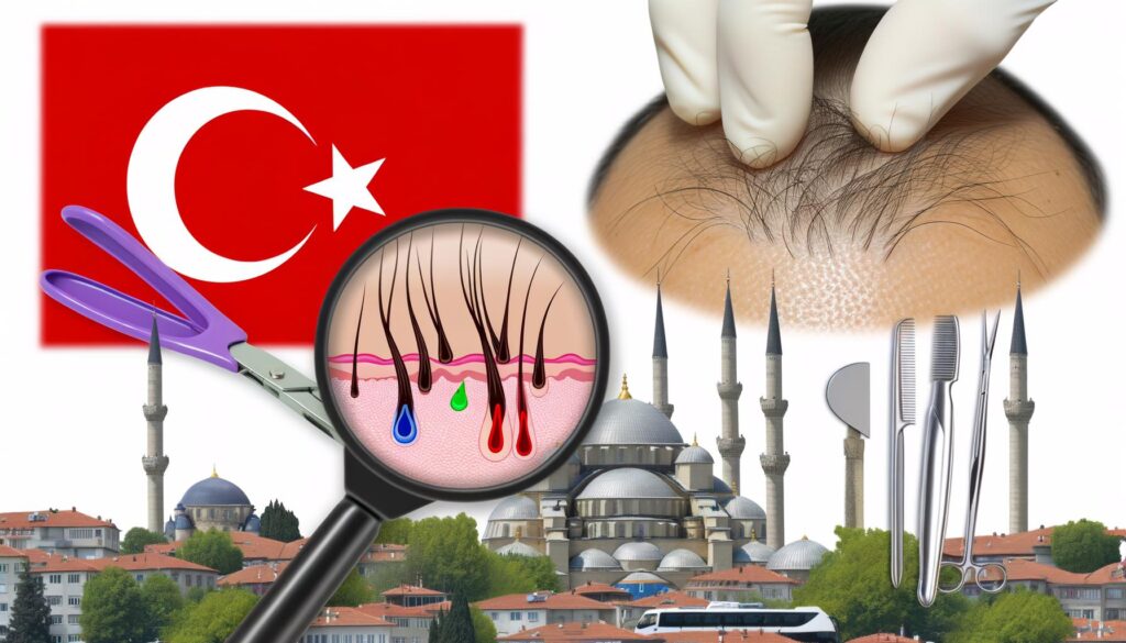 Collage of the Turkish flag, surgical tools, a magnified view of hair follicles, and Istanbul skyline.