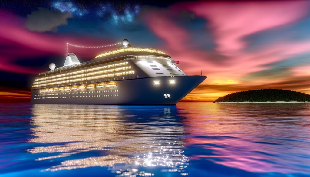 A brightly lit cruise ship on calm water against a vibrant sunset sky.