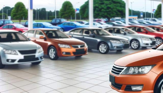 Multiple cars parked in rows at a dealership, with trees in the background.