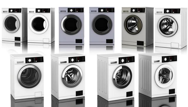 A row of various modern washing machines with front-loading doors and digital controls.