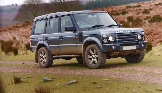 A blue Land Rover SUV on a dirt road in a rural landscape.