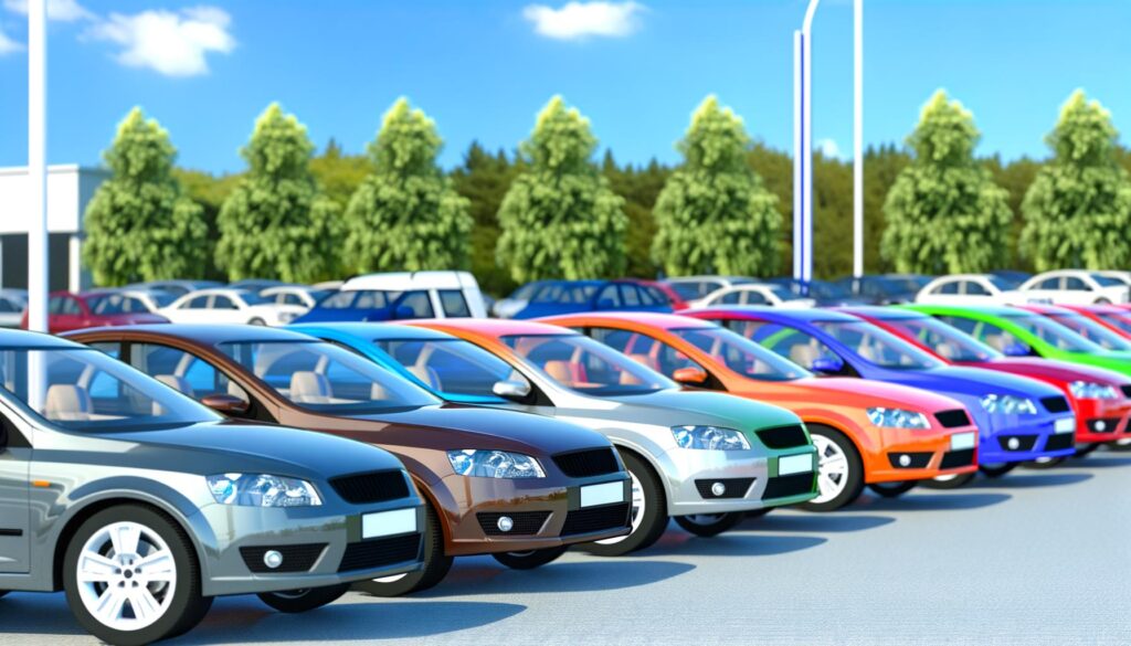 Showroom with several parked cars under bright lights.