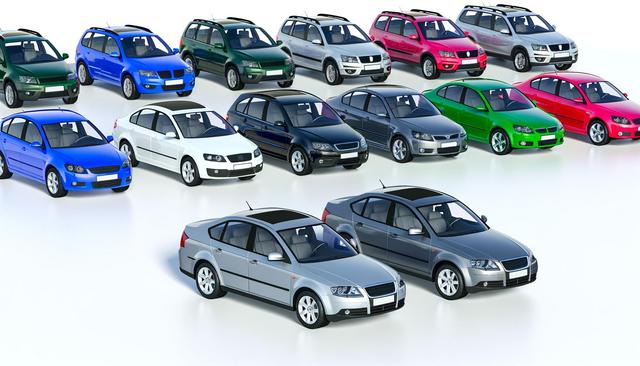 Rows of colorful cars in green, blue, red, silver, and white, displayed on a light background.