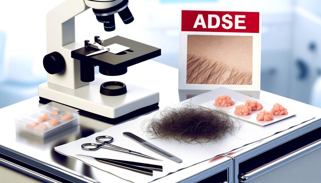 A microscope on a table with hair samples, tissue samples, surgical tools, and a close-up skin photo titled "AD$E."