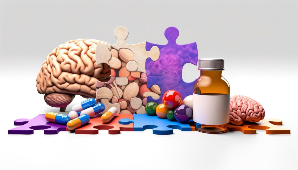 A brain, pills, a bottle, and colorful puzzle pieces.