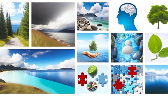 A collage featuring nature scenes, a brain silhouette, a hand with a tree, stones in water, leaves, and puzzle pieces.