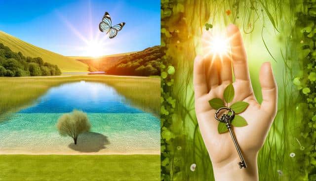 Split image: left side depicts a butterfly over a serene lake with hills; right side shows a hand holding a key with leaves in a green, nature-themed background.