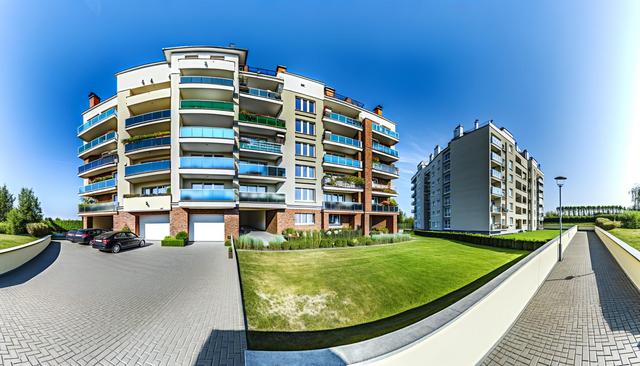 Two modern apartment buildings with balconies, surrounded by green lawns and walkways under a clear blue sky.