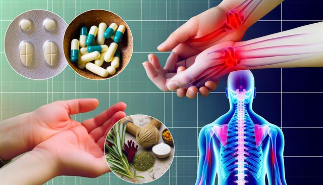 A graphic showing pills, herbs, and a person with highlighted joint pain and a skeletal view.