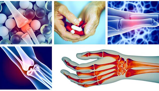 A collage showing bone health: a close-up of bones, an elderly hand holding pills, inflamed joints, and a skeletal hand illustration.