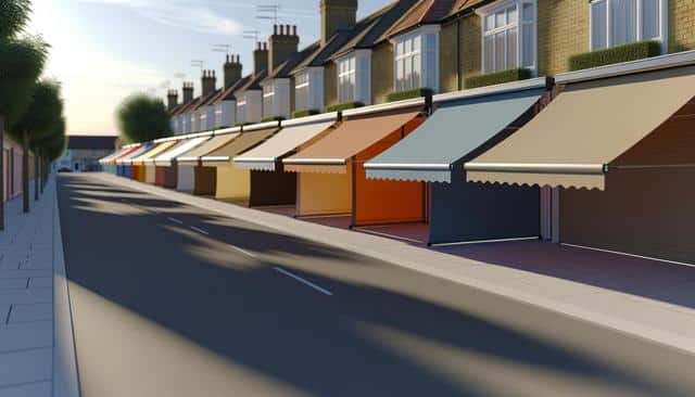 Street with colorful awnings on houses, casting long shadows in the sunlight.