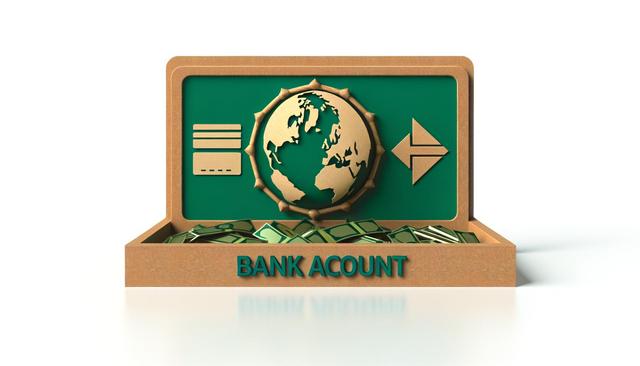 3D sign with "bank account," globe icon, and cash illustration.