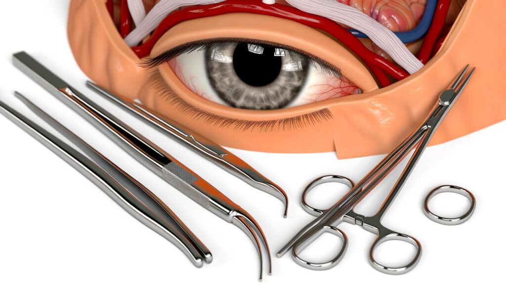 Close-up of a realistic eye model surrounded by surgical tools.