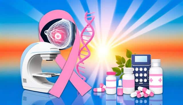 A pink ribbon surrounded by medical equipment, tablets, an ultrasound, and a gift box on a blue and pink background.