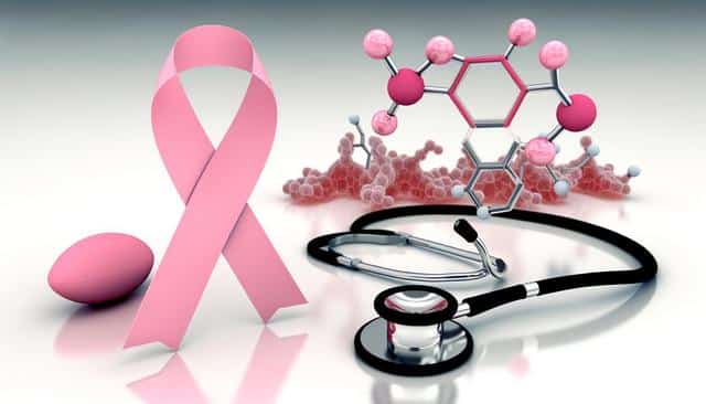 Pink ribbon, stethoscope, pink molecule, and abstract shapes.