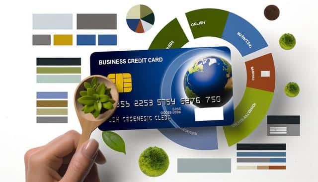 A hand holds a spoon with plants over a business credit card, with charts and color palettes in the background.