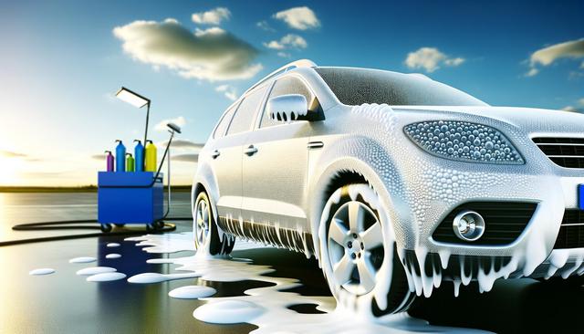 A car covered in soap suds beside a blue cart with colorful cleaning bottles under a clear sky.