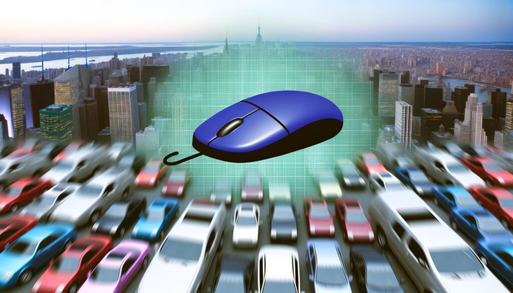 A purple computer mouse hovers above a grid pattern, with a cityscape and a blurred rush of cars in the background.