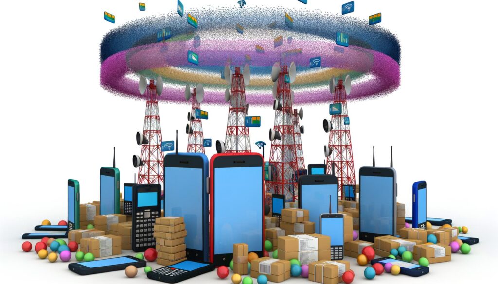 Giant phones, towers, and packages with colorful dots form a digital connectivity scene.