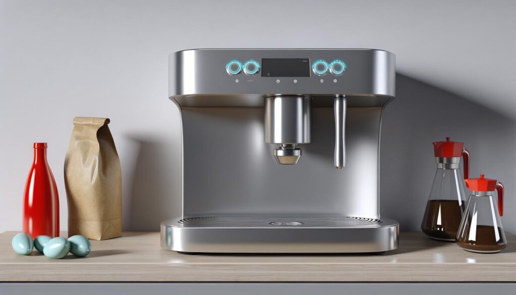 A silver coffee machine on a counter with a red bottle, paper bag, blue eggs, and two jars with red lids.