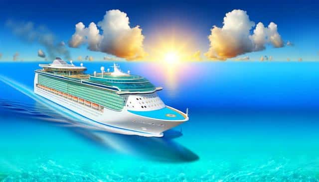 Cruise ship sailing on vibrant blue sea with a bright sunset in the background.