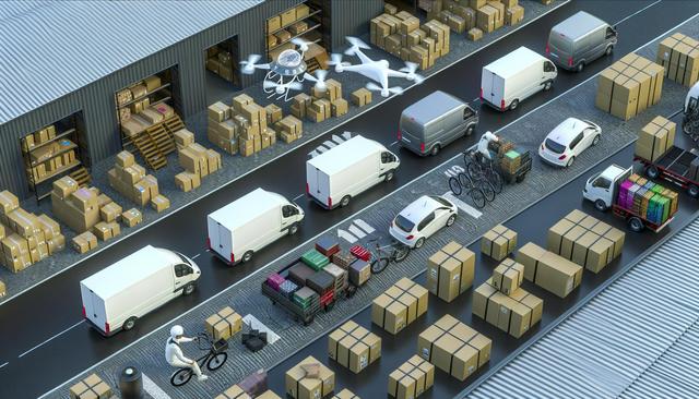 Aerial view of a warehouse area with delivery vans, cars, bikes, and a drone amidst stacks of boxes.