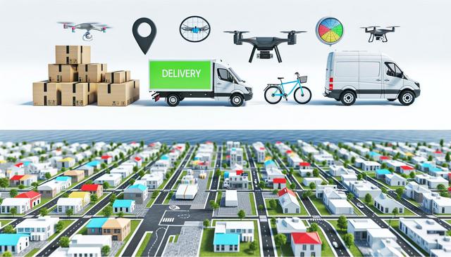 The image shows delivery drones, a van, bike, boxes, map pin, and a neighborhood.