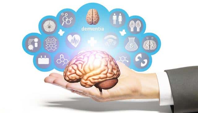 A hand holds a brain with icons representing dementia-related concepts floating above it.