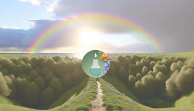 A rainbow over a forest with a sunlit path and a nature-themed emblem at the center.