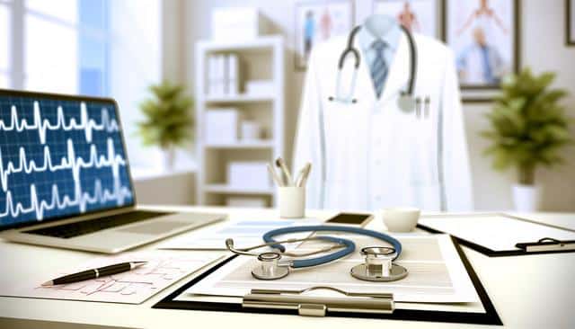 A doctor's office desk with a laptop displaying an ECG, stethoscope, pen, and clipboard.