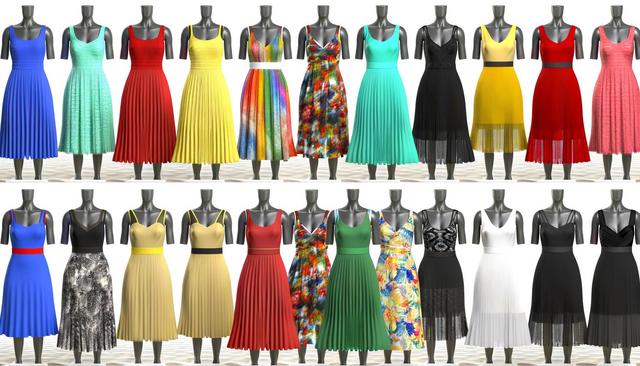 A collection of mannequins wearing various colorful dresses displayed in two rows.