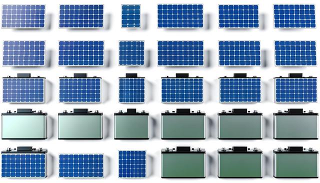 Rows of blue solar panels and green batteries on a white background.